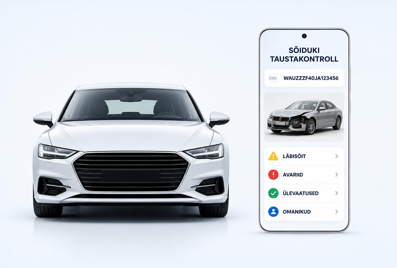 Valge sõiduauto ja nutitelefon, millel kuvatakse sõiduki taustakontrolli raport